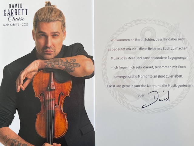 Welcome card from David in the cabin — David Garrett Cruise, April 2026