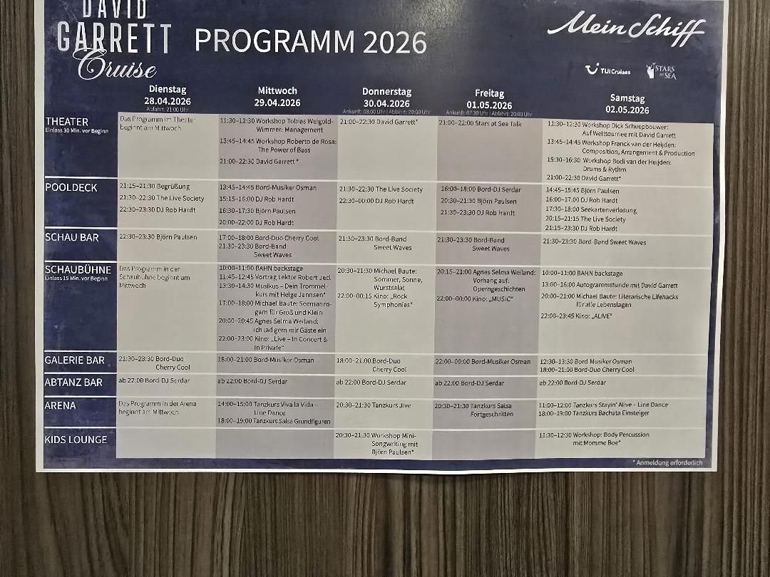 DAVID GARRETT CRUISE · Programme 2026 — full week schedule