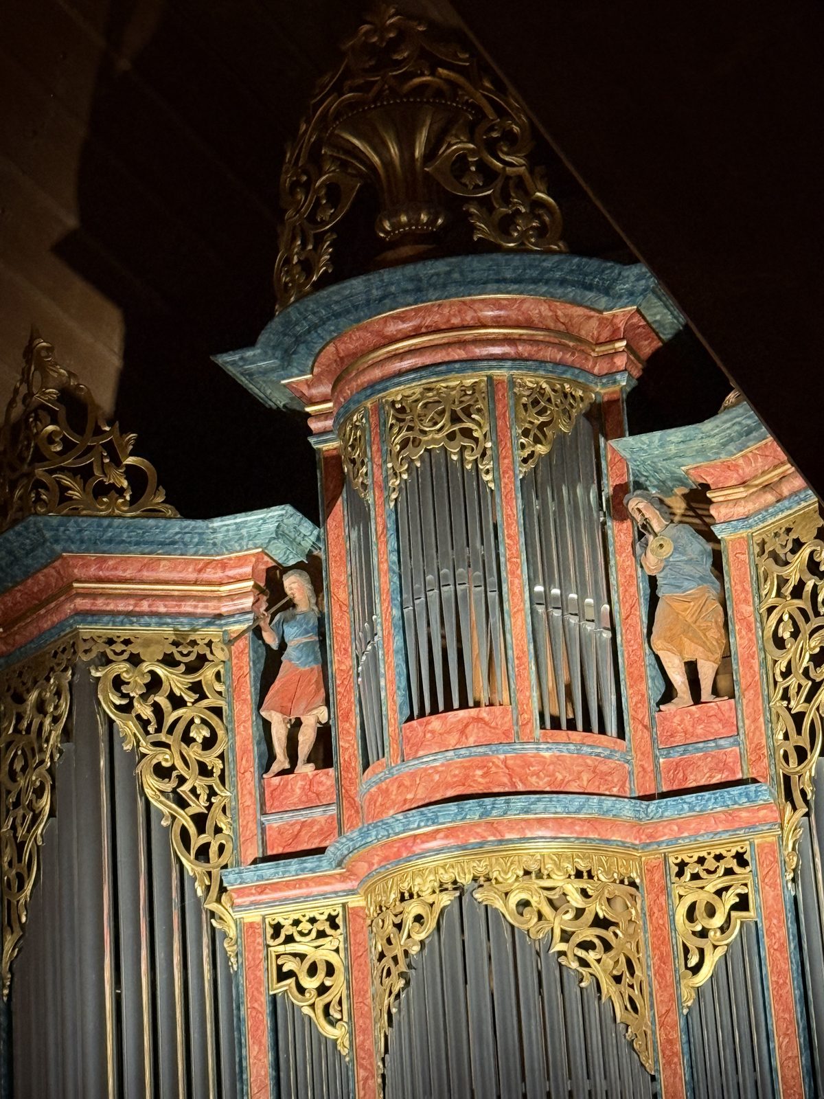 Detail of the painted organ case at Kirche Saanen